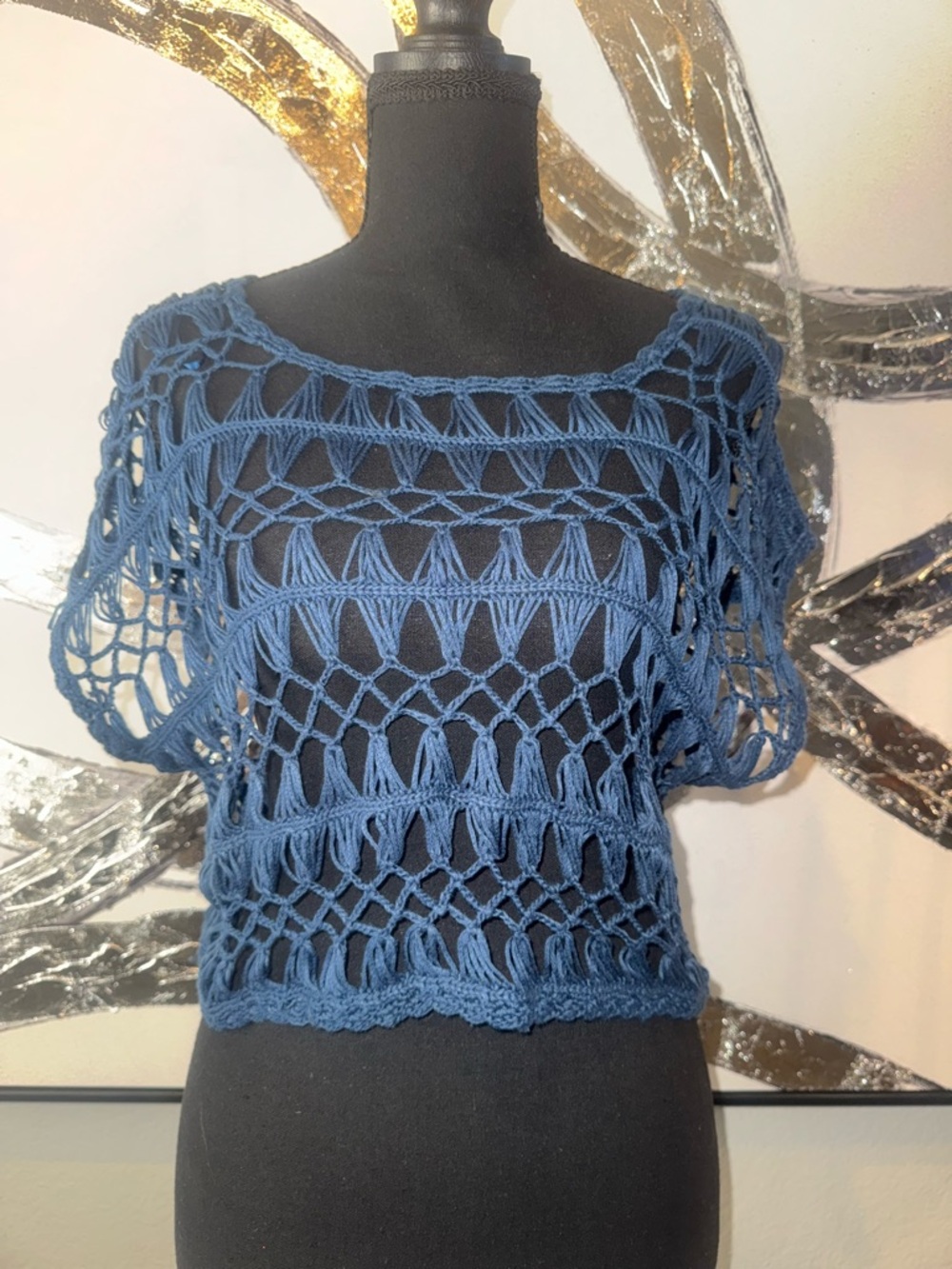 Hand-Crocheted Openwork Navy Blue Crop Top